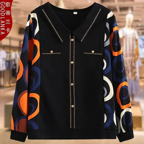 40-50岁中年妈妈秋装长袖T恤女加大码宽松洋气印花拼接打底衫上衣商品大图