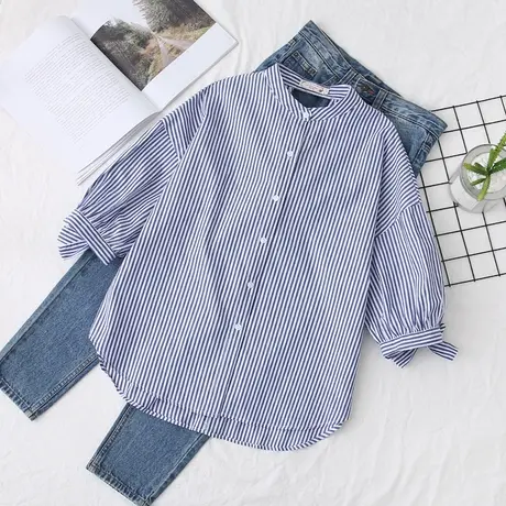 2020夏装新款韩版条纹宽松衬衫女学生百搭立领系带五分袖打底上衣商品大图