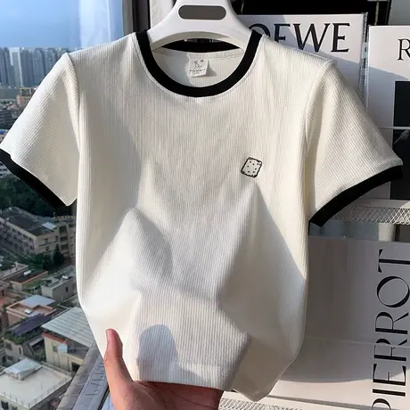 2024新款撞色边小饼干刺绣坑条T恤正肩短款小宽松短袖女上衣夏季商品大图
