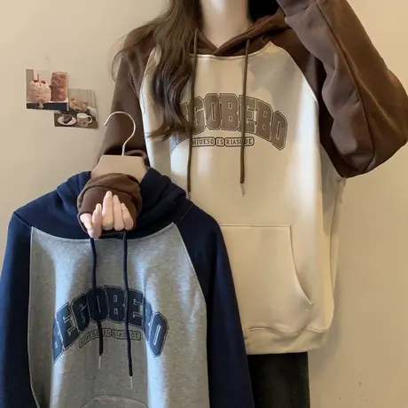 拼接撞色插肩袖连帽卫衣女春秋bf慵懒风薄款长袖上衣外套情侣装潮图片