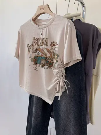 美式复古短款上衣女夏季抽绳设计感小众修身显瘦t恤ins潮大码短袖商品大图