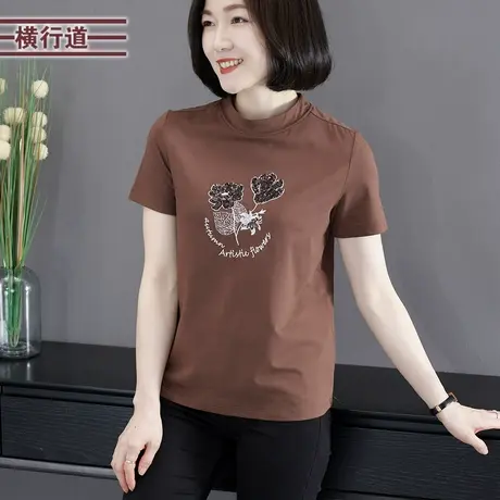 简约休闲半高领绣花撞色短袖T恤女装大码上衣服外穿2025夏季新款商品大图