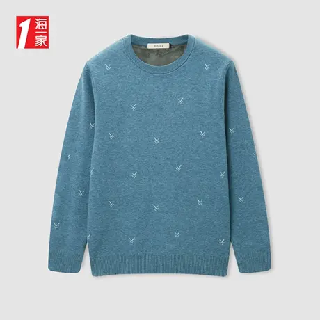 海一家简约时尚花纹套头衫2023冬季新款保暖加绒圆领长袖针织衫男商品大图