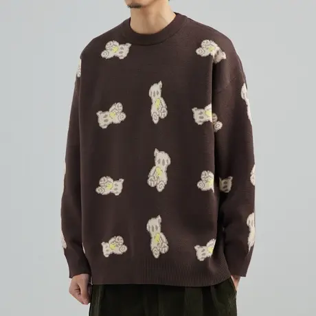 奕飏男装2022秋冬新款圆领小熊毛衣男休闲撞色针织衫韩版潮打底衫商品大图