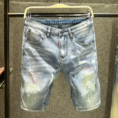 夏季破洞牛仔短裤男2025年新款潮牌修身五分裤子弹力浅色水洗中裤商品大图