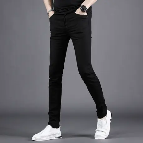 2022年新款纯黑色牛仔裤男夏季薄款修身小脚长裤刺绣帅气男生裤子商品大图