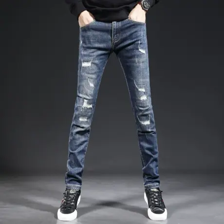 冬季加绒破洞牛仔裤男修身小脚2023新款潮流补丁痞帅男士裤子厚款图片