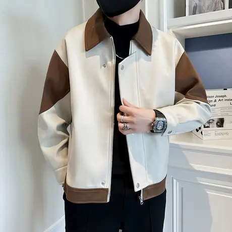 2023男新款呢子大衣秋冬毛呢拼色宽松夹克小外套潮流男款上衣夹克商品大图