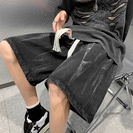 扎染牛仔短裤男士夏季薄款大码直筒宽松中裤美式潮牌五分裤子男款商品大图
