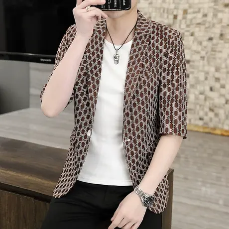 中袖西服男夏薄款帅气修身七分袖小西装短袖单西外套青年个性夜店商品大图