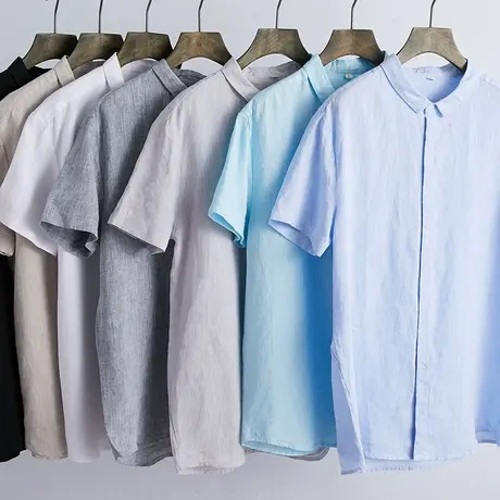 亚麻白衬衫男短袖宽松男士衬衣夏季薄款半截袖休闲麻衬衣棉麻上衣商品大图