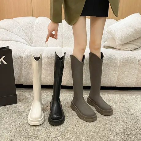 白色长筒靴子女小个子春秋时尚V口瘦瘦厚底高筒骑士靴不过膝长靴图片