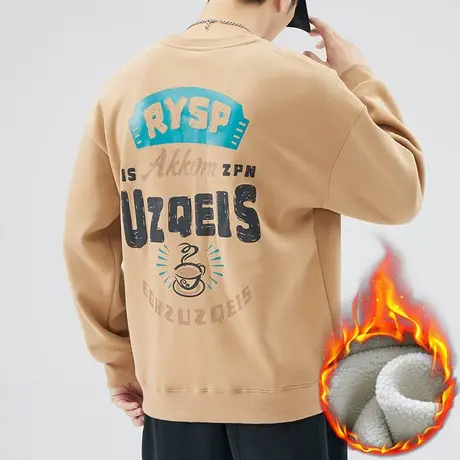 加绒加厚保暖男装秋冬款圆领卫衣冬季2023新款内搭印花长袖上衣服商品大图