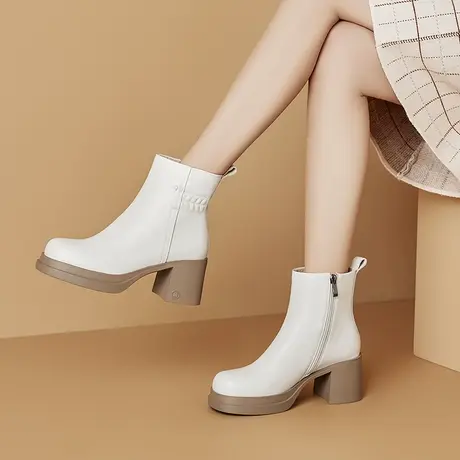 头层牛皮短靴女粗高跟厚底舒适软皮时尚百搭简约冬款加绒女靴商品大图