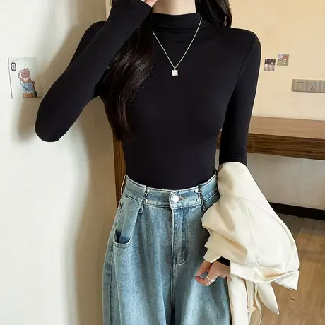 莫代尔半高领打底衫内搭秋冬季洋气纯欲风洋气上衣春弹力长袖t恤图片