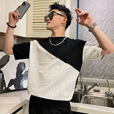 夏季男士t恤短袖半袖宽松潮流潮牌撞色拼接设计网红INS休闲体恤商品大图