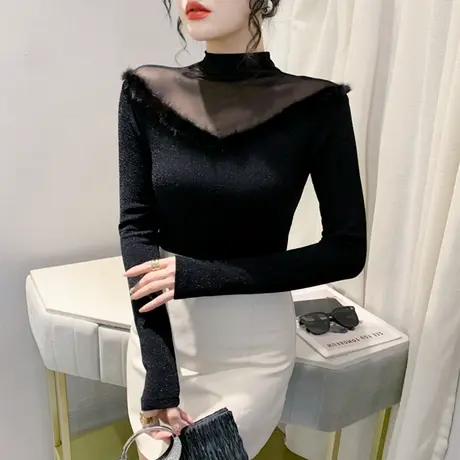 半高领网纱拼接毛绒长袖打底衫春装2024新款T恤女洋气减龄上衣ins商品大图