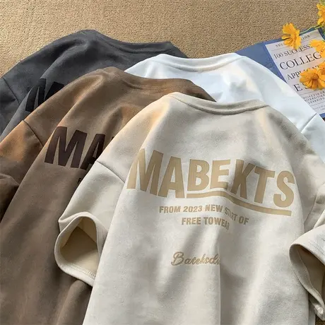 美式字母印花圆领短袖T恤男潮流内搭夏季小众休闲半袖vintage复古商品大图