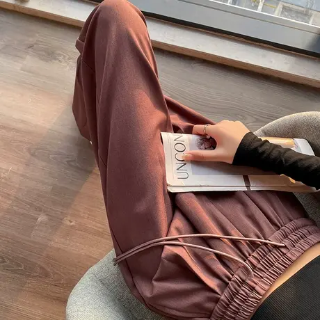 红色抽绳休闲阔腿裤女2024年春秋新款高腰显瘦松紧腰垂感拖地裤子商品大图