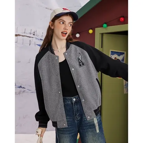 a02学院风拼接棒球服2023冬季新款刺绣上衣休闲百搭女式外套图片