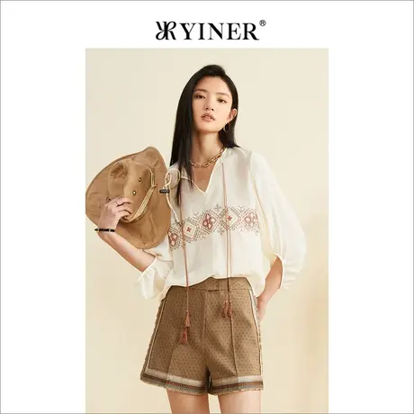 YINER音儿女装秋季泡泡袖上衣抽绳印花米色衬衫商品大图