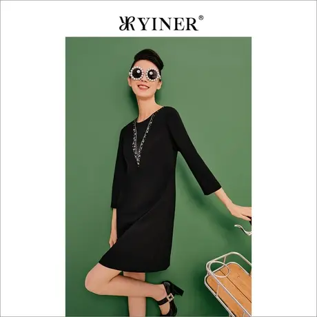 【1996系列】YINER音儿春季女装优雅钉珠H型宽松连衣裙商品大图