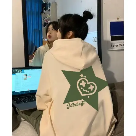 美式hiphop连帽卫衣女秋冬加绒加厚慵懒风宽松古着vintage外套潮商品大图