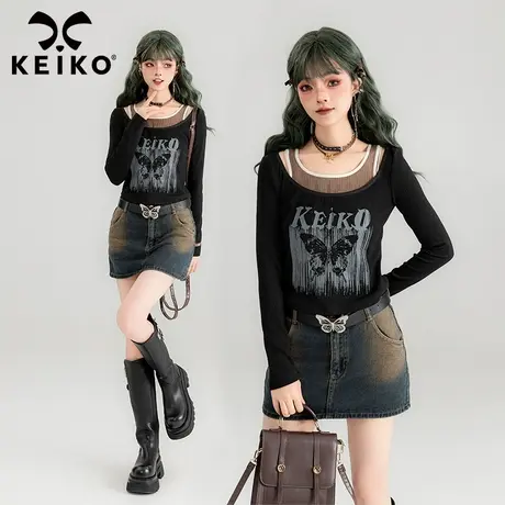KEIKO蝴蝶印花假两件长袖t恤2024春夏美式复古修身显瘦上衣打底衫图片