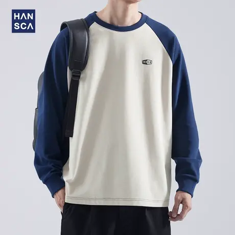 hansca 圆领长袖t恤男2023年秋季潮牌日系宽松复古休闲插肩袖上衣商品大图