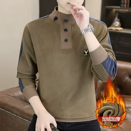 冬季半高领卫衣男加绒加厚潮流休闲奥粒绒T恤长袖内搭打底衫上衣商品大图