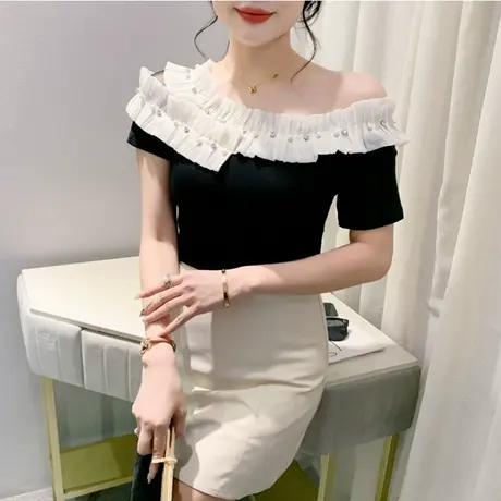 时尚木耳边短袖T恤女欧货设计感钉钻上衣修身百塔气质一字肩小衫商品大图