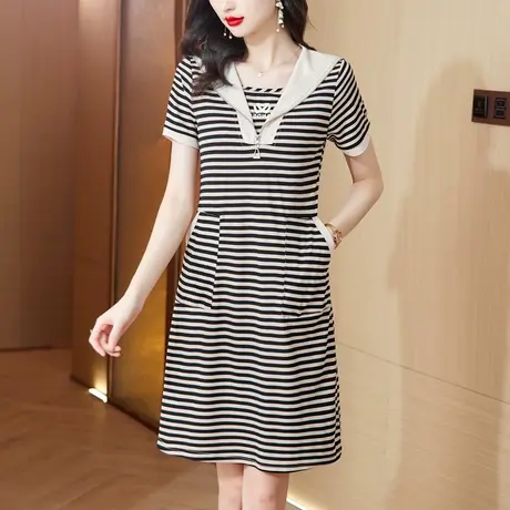 中长款条纹短袖t恤女2024夏季新款高级感休闲女士别致气质连衣裙商品大图