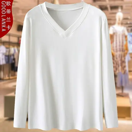 中年妈妈春装打底衫上衣200斤大码宽松时尚百搭洋气V领长袖T恤女商品大图