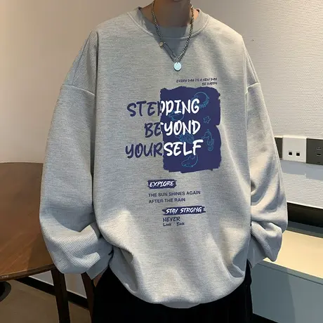 长袖t恤男春秋季新款宽松套头打底衫男士潮牌印花圆领华夫格卫衣商品大图