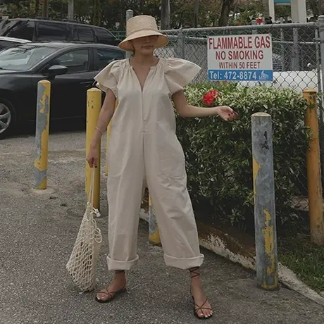 飞飞袖棉麻连体裤女时尚九分裤休闲宽松大码阔腿亚麻连体衣裤子潮商品大图