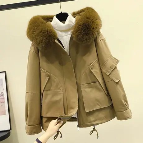 小个子派克棉服女短款2021年新款冬季加绒工装棉袄羊羔毛棉衣外套商品大图