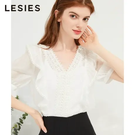 LESIES蓝色倾情夏装新款女装优雅小众设计感法式蕾丝上衣两件套商品大图