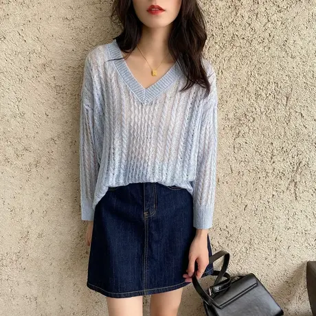 2020早秋新款镂空套头 v领毛衣薄款宽松女慵懒风漏空针织衫罩衫春图片