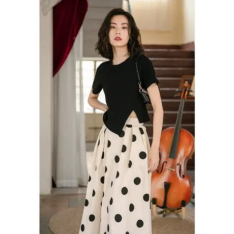 弥古开叉不规则冰丝短袖女t恤夏斜边黑色设计感小众法式上衣修身图片