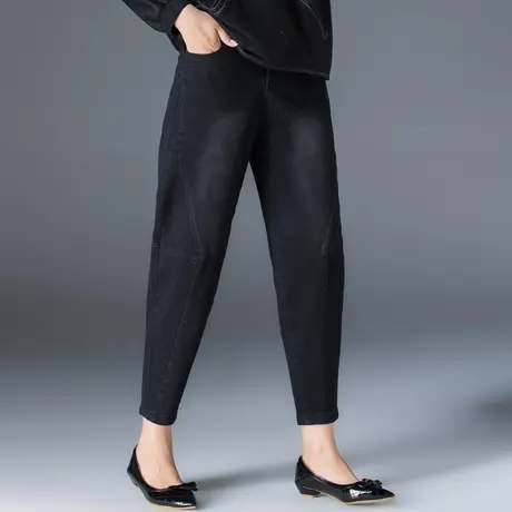 黑色牛仔裤女2023年新款秋冬休闲女裤加绒妈妈裤子九分萝卜哈伦裤商品大图