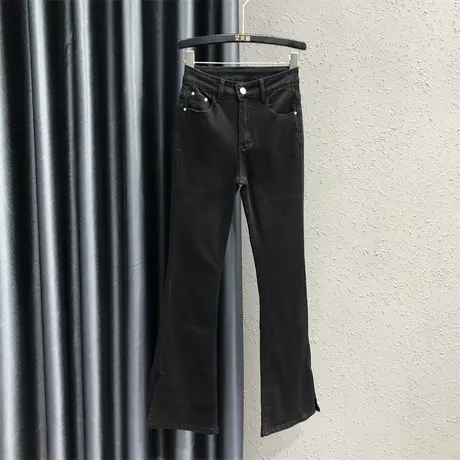 黑色洋气休闲牛仔微喇裤女23秋季新款高个子弹力显瘦显腿长喇叭裤图片