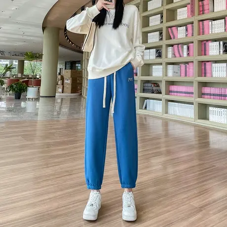 蓝色运动裤女2023年春秋新款高腰宽松显瘦百搭九分休闲束脚卫裤潮图片
