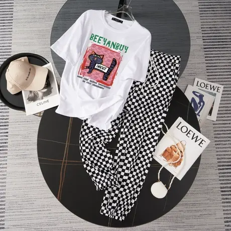 港风运动服套装女夏季薄款宽松短袖长裤小个子时尚洋气休闲两件套商品大图