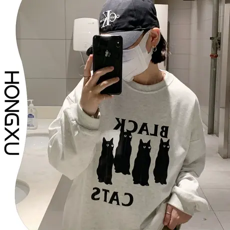 红续秋冬卡通印花加厚卫衣chic新款宽松显瘦百搭圆领套头上衣女图片