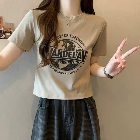 美式复古设计感纯欲风短袖t恤女夏季新款修身甜辣妹正肩上衣短款商品大图