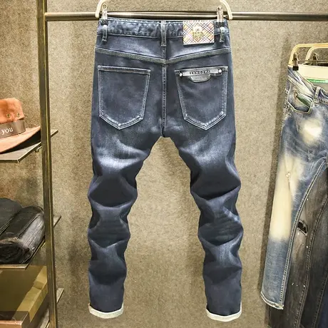 高端时尚青年牛仔裤男修身直筒裤2023春秋季深蓝色百搭弹力裤子男图片