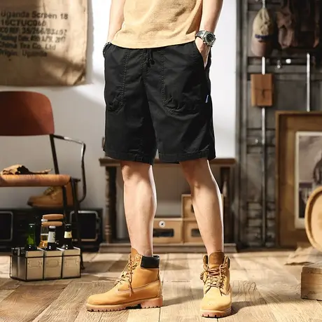 夏季工装短裤男士修身潮牌五分裤子韩版百搭多口袋运动男裤黑色薄商品大图