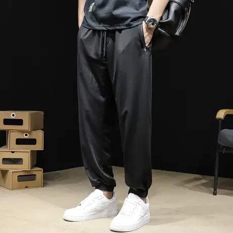 拉链冰丝透气休闲运动裤男夏季薄款宽松潮牌大码九分束脚速干裤商品大图