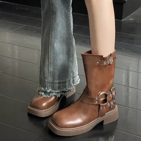 骑士靴女中筒靴2023秋季新款皮带扣复古炸街四季英伦风辣妹瘦瘦靴图片