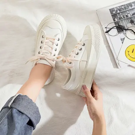 低帮帆布鞋女2021年春秋新款厚底ulzzang学生百搭ins潮白色板鞋子商品大图